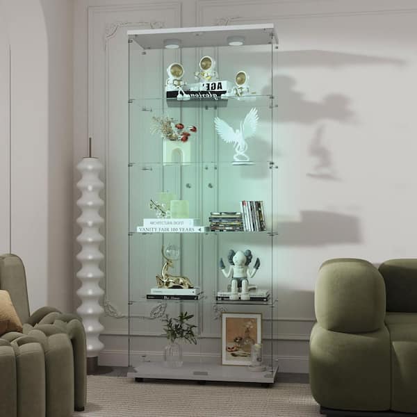 White 74.8 in. Tempered Glass Display Cabinet Accent Storage Cabinet with LED Light