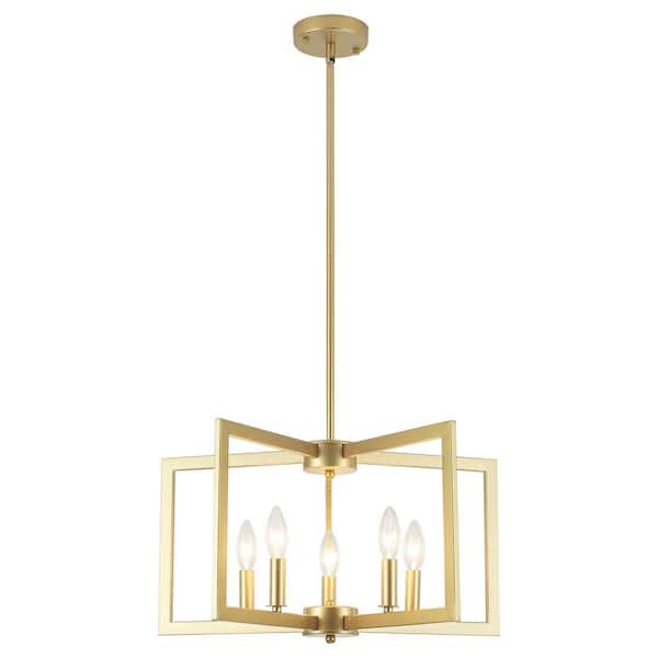 5-Light Gold Modern Industrial Chandelier Farmhouse Candle-Style Geometric Rectangle Pendant Light