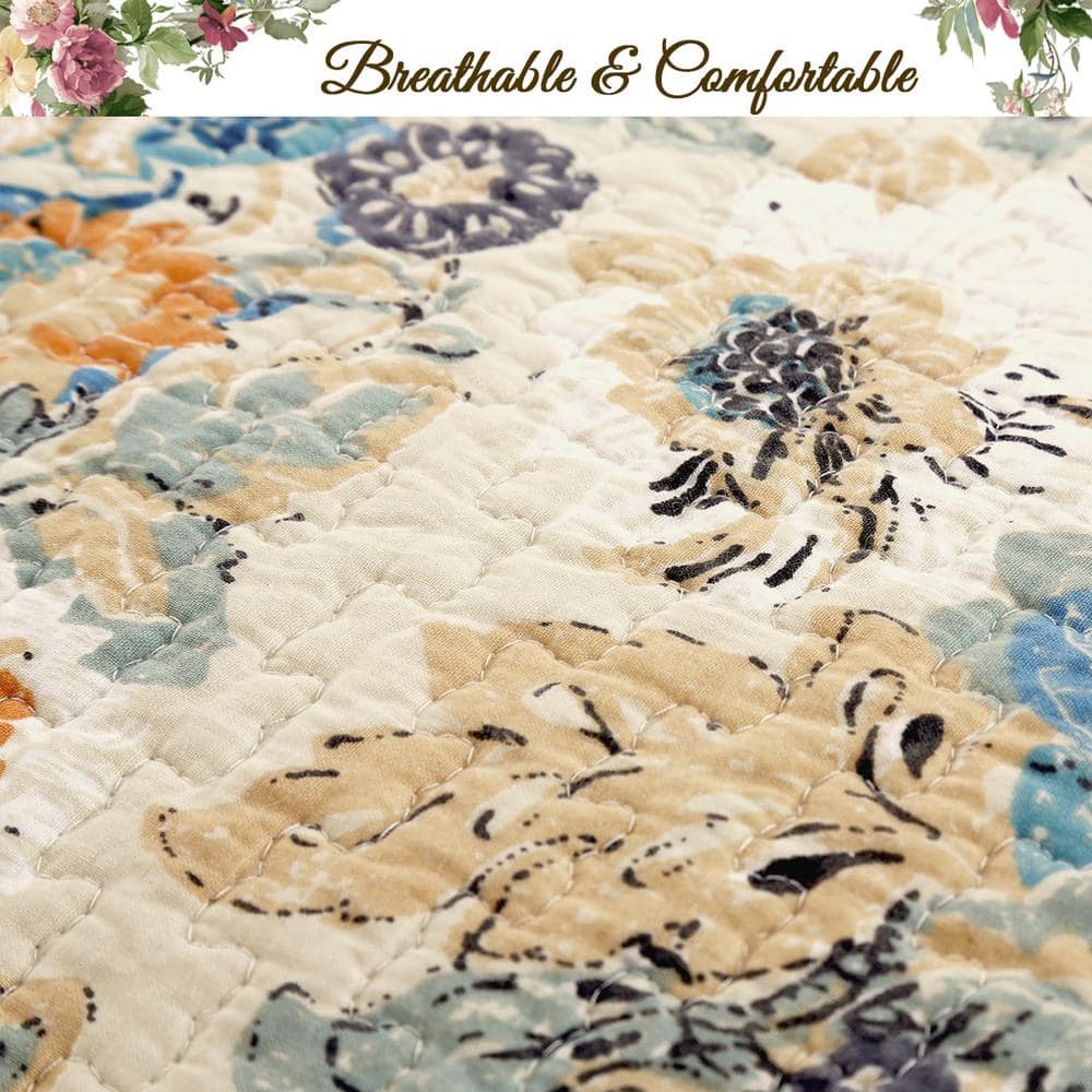 Vintage Floral Blue and Beige Cotton Reversible Queen Quilt Set