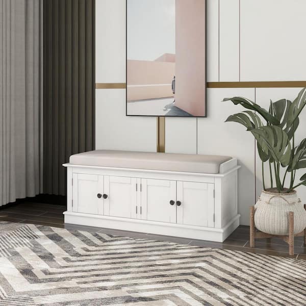 Aoibox White Storage Dining Bench Backless with 4-Doors, Adjustable Shelves, Removable Cushion 15.9 in.