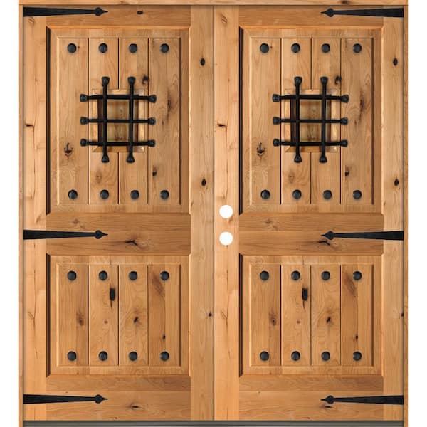 72 in. x 80 in. Mediterranean Knotty Alder Square Top Clear Right-Hand Inswing Wood Double Prehung Front Door
