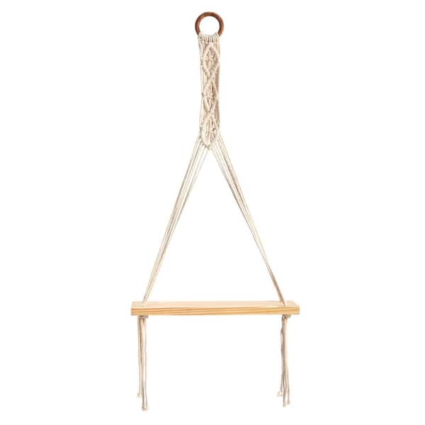 Nearly Natural 5 in. x 14 in. x 24 in. Cream Handmade Macrame and Wood Wall Hanging with Shelf