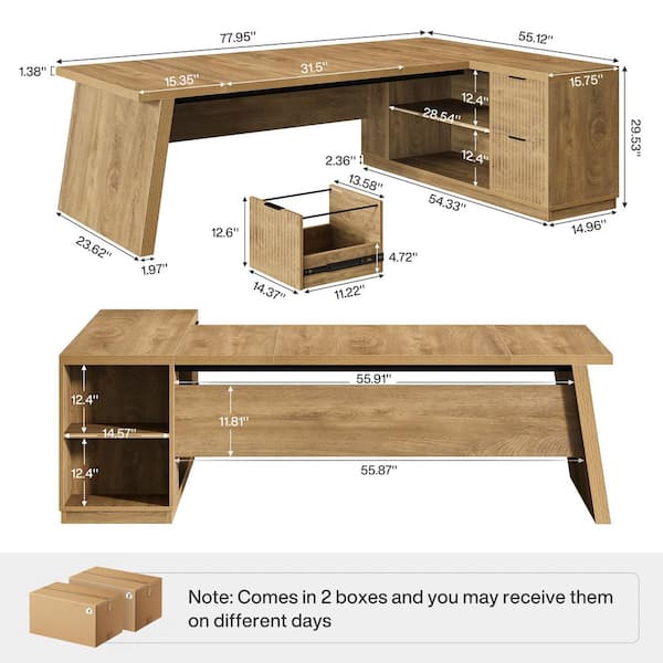Modern 77.95 in. L Shaped Natural Wood 2-Drawer Office Desk Executive Desk With File Cabinet and Shelves