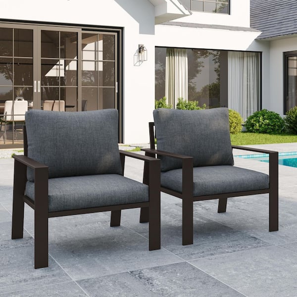 2-Piece Brown AluminumOutdoor Single-Arm Chairs With Gray Cushion