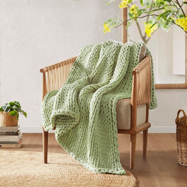 Chunky Double Knit Sage Green 50 in. x 60 in. Handmade Throw Blanket
