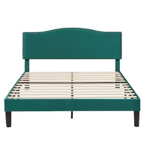 Platform Bed Frame Green Metal Frame Queen Platform Bed with Upholstered Headboard, Strong Frame & Wooden Slats Support