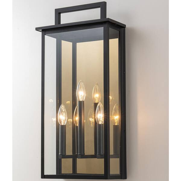 C Cattleya 23 in. 3-Light Matte Black Outdoor Hardwired Wall Lantern Sconce with Gold Reflector and No Bulbs Included