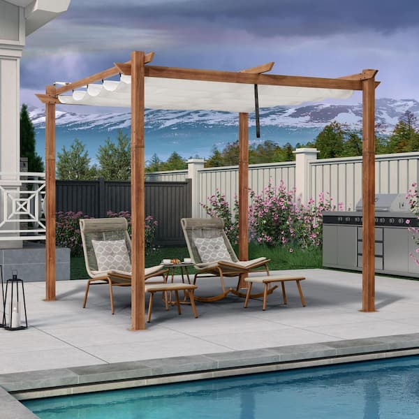 10 ft. W x 10 ft. D Modern Natural Wood Grain Aluminum Pergola with White Adjustable Sun Canopy and Protective Roof