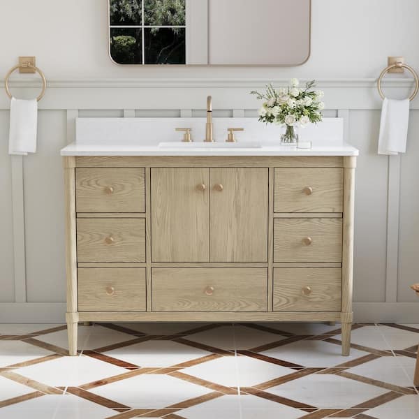 48 in. OAK Solid Wood Bath Vanity White Quartz Top, Single Sink, Soft-Close Doors, Drawers, CUPC Certified, Assembled