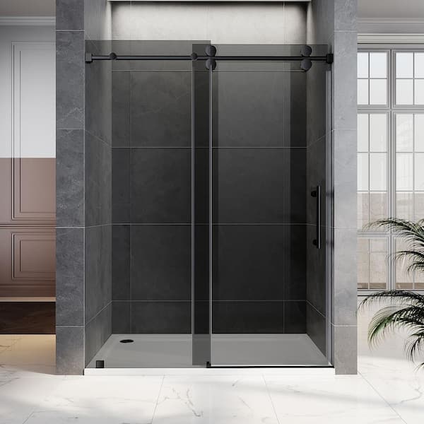 UKS04 56 to 60 in. W x 80 in. H Sliding Frameless Shower Door in Matte Black, Enduro Shield 3/8 in. Gray Glass