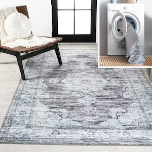 Dark Gray/Blue 3 ft. x 5 ft. Bausch Bohemian Distressed Chenille Machine-Washable Area Rug