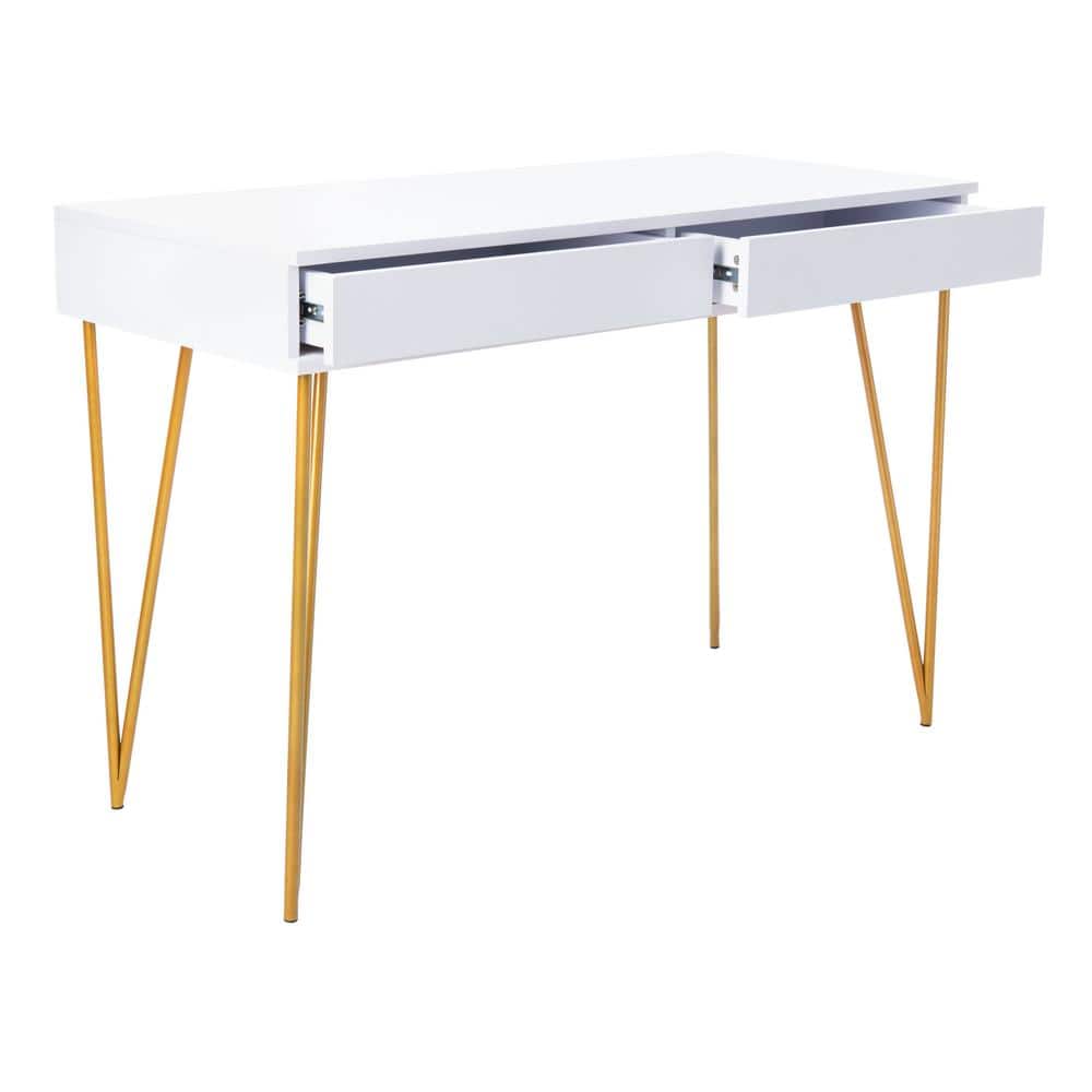 Elegant Transitional White and Gold Home Office Desk with 2 Drawers