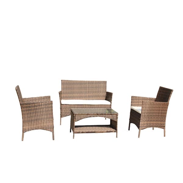 Unbranded 4 Pieces Brown Metal Outdoor Sectional Set with Beige Cushion