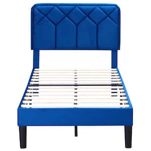 Bed Frame with Upholstered Headboard, Blue Metal Frame Twin Platform Bed with Strong Frame and Wooden Slats Support