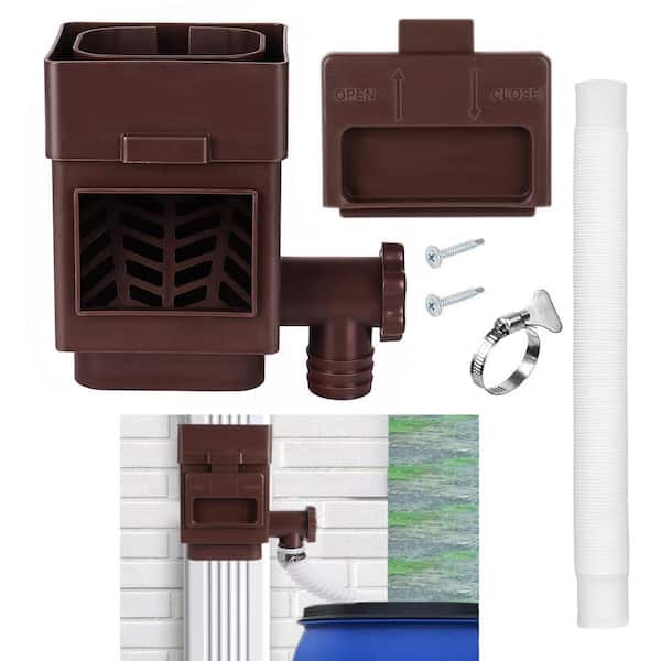 Rain Barrel Diverter Kit, Brown, Fits 2x3 or 3x4 in. Downspouts, Adjustable Valve and Filter