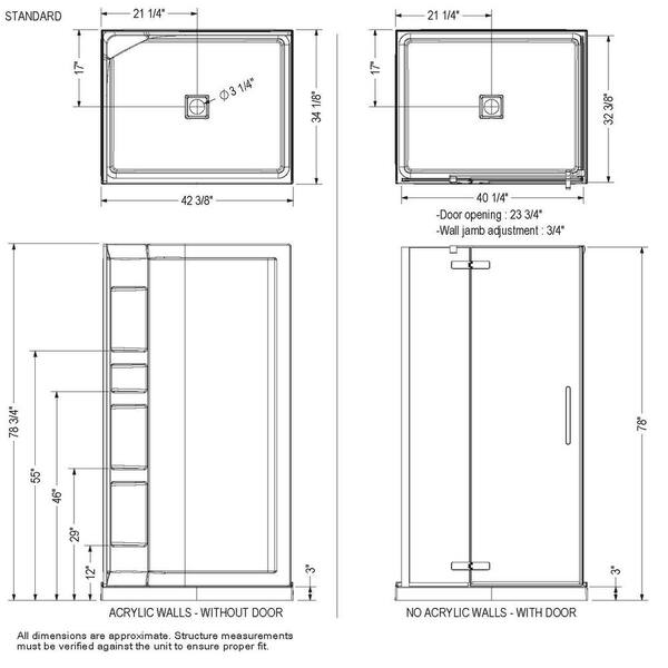 MAAX Hana 42 in. x 34 in. x 75 in. Frameless Rectangular Pivot