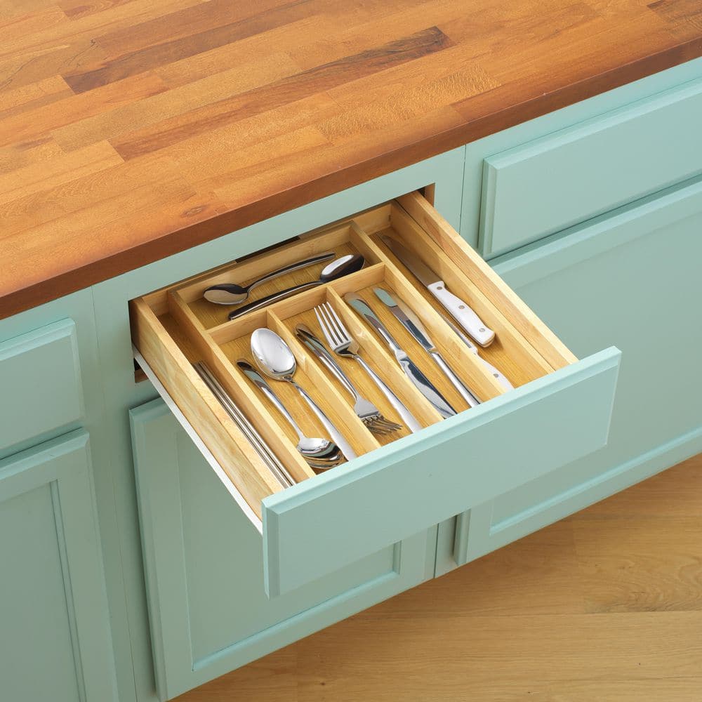 Natural Bamboo Adjustable Drawer Organizer for Kitchen Utensils