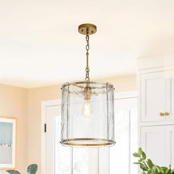 Ripple 12.6 in. 1-Light Modern Gold Adjustable Chain Pendant Light with Cylinder Handcrafted Water Ripple Shade