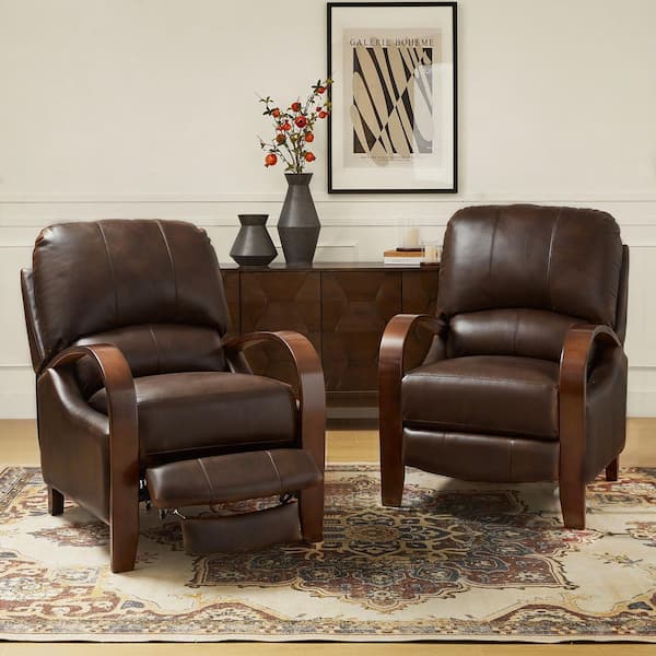 ARTFUL LIVING DESIGN Ernesto Chocolate Genuine Leather with The Wooden Armrest Recliner (Set of 2)