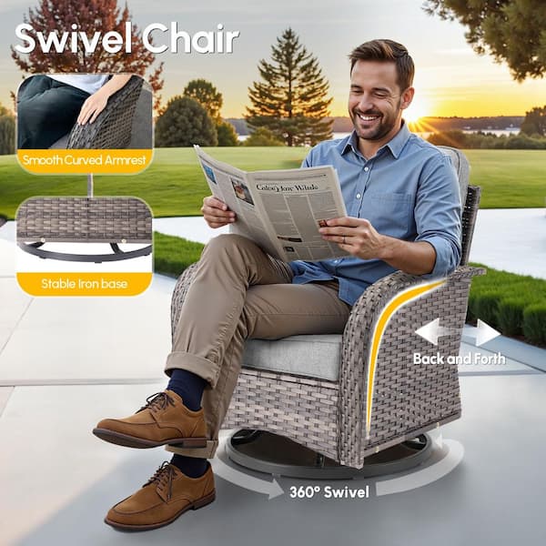 Ada Gray 5-Piece Wicker Outdoor Patio Conversation Sofa Loveseat Set with Swivel Chairs and Dark Gray Cushions