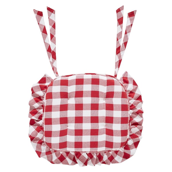 VHC BRANDS Annie Country Red, Soft White Buffalo Check Ruffled Chair Pad