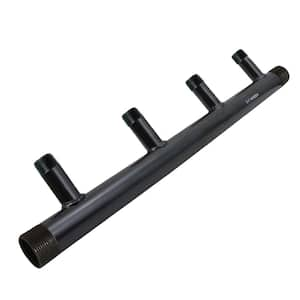 Black Steel Manifold for Boiler Room Heating System; 2 in. Main Pipe with 4 Branches of 1-1/4 in., 7 in. Spacing