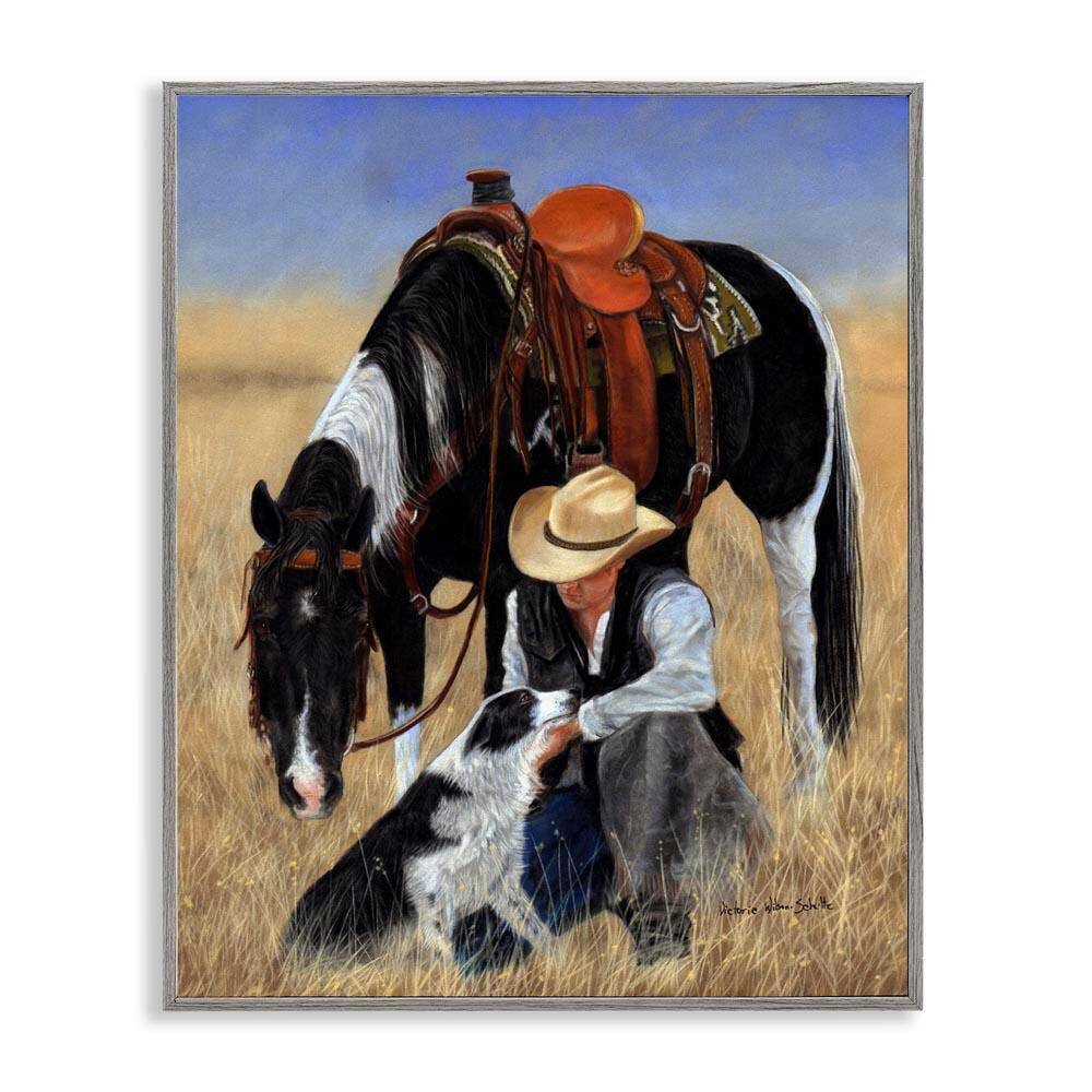 Cowboy with Dog & Horse by Victoria Schultz Gray Framed Giclee Art Print People 16 in. x 20 in. price history on PriceWatchPro
