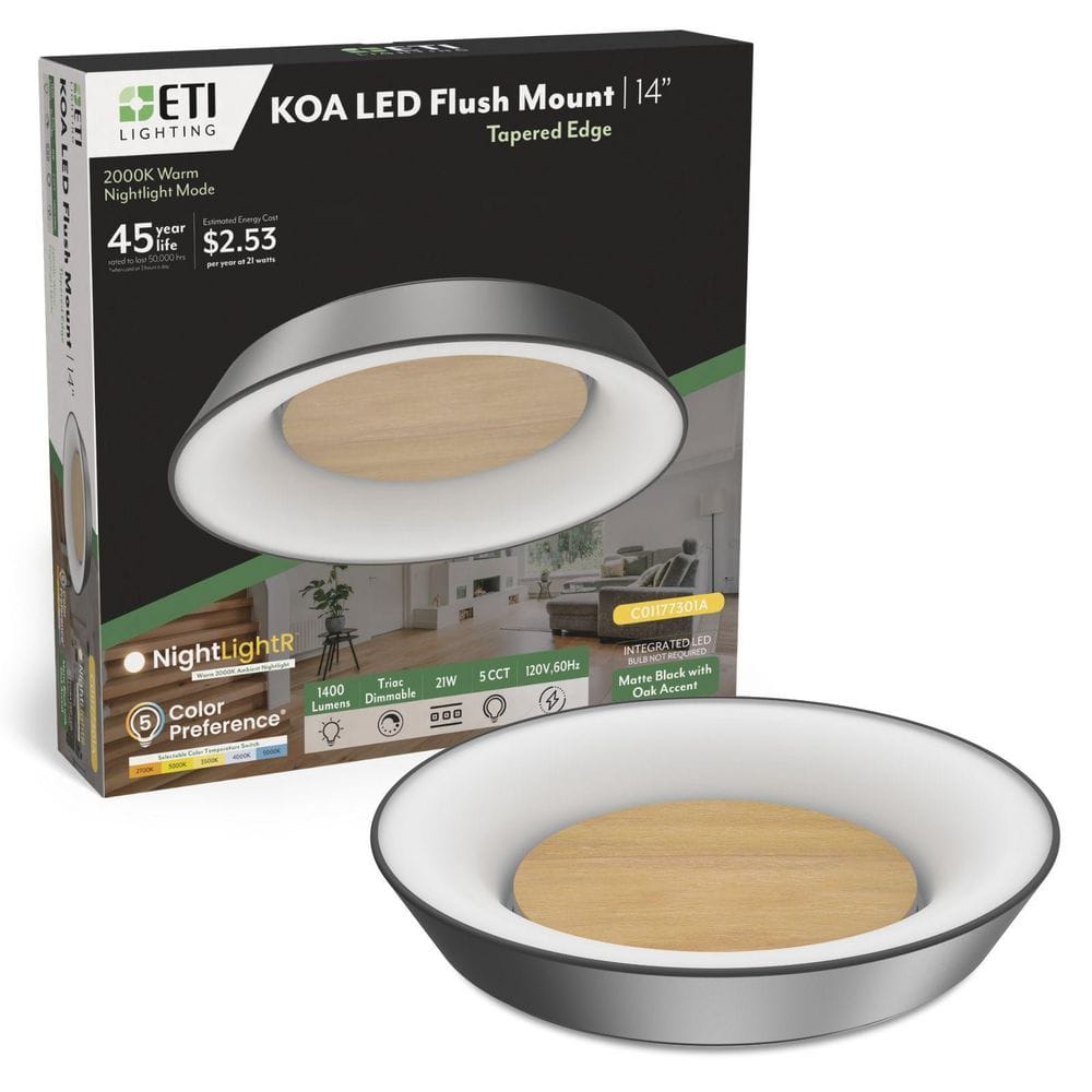 KOA 14 in. Matte Black Tapered LED Flush Mount with Oak Accent, Night Light, 1400LM, 21W, Selectable CCT, Dimmable price history on PriceWatchPro