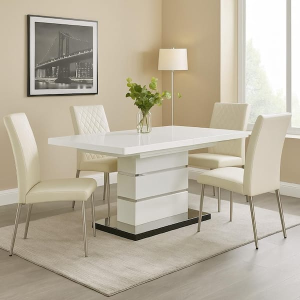 Benjara White and Silver Wood Rectangle 42 in. Pedestal Base Dining Table Seats 4