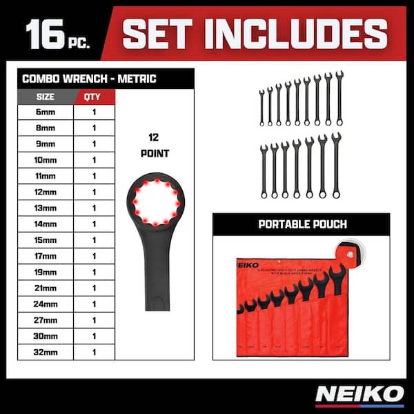 NEIKO 16 Piece Jumbo Combination Wrench Set, 6 mm to 32 mm Metric