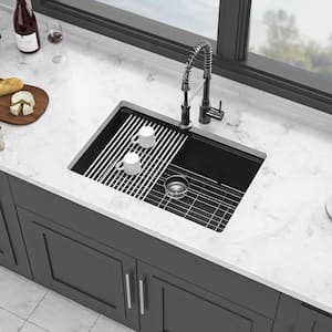 28 in. Undermount Single Bowl Quartz Black Kitchen Sink with Workstation