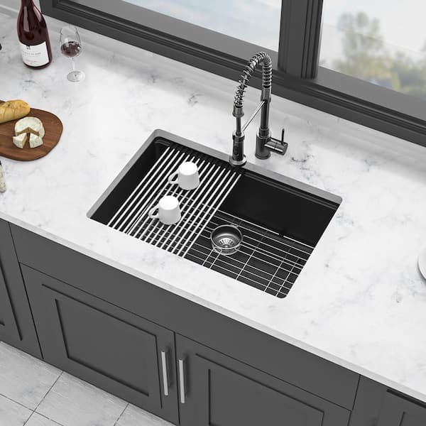 28 in. Undermount Single Bowl Quartz Black Kitchen Sink with Workstation