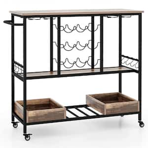 Brown 3-Tiers Bar Cart Home Serving Cart on Wheels with Glass Racks Wine Holders Vintage Brown