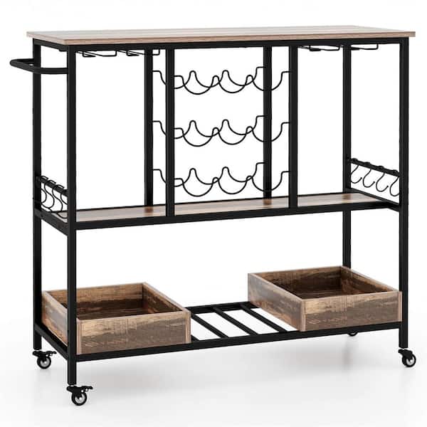 Costway Brown 3-Tiers Bar Cart Home Serving Cart on Wheels with Glass Racks Wine Holders Vintage Brown
