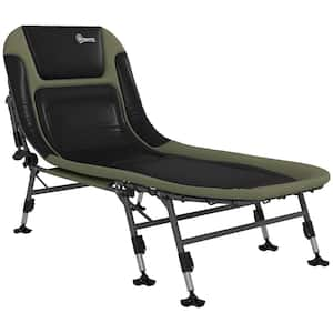 Green Metal Outdoor Chaise Lounge, Camping Folding Bed with Soft Padded Cushions and Headrest, 180° Adjustable Reclining