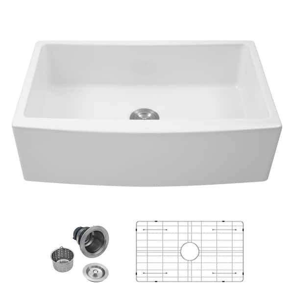 33 in. Farmhouse/Apron-Front Single Bowls Ceramic Kitchen Sink with Accessories, 3. 5 mm Downdraft Hole, Anti-Scratch