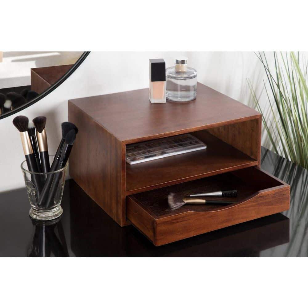 Walnut Brown Floating Wall Shelf with Drawer, 12.5" x 10" x 7"
