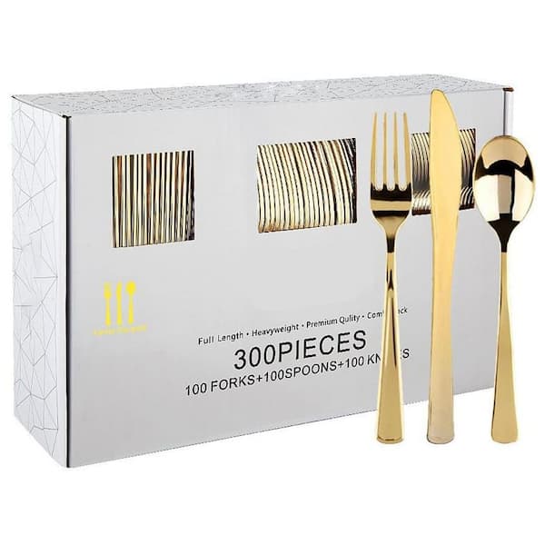Gold Plastic Silverware Set - 300-Pieces Heavy Duty Disposable Cutlery for Parties