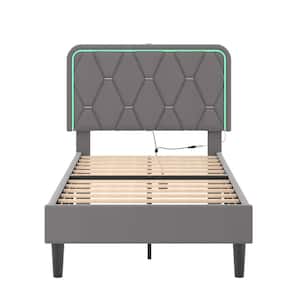 Upholstered Bed Twin Smart LED Bed Frame with Adjustable Gray Headboard, Platform Bed with Solid Wood Slats Support