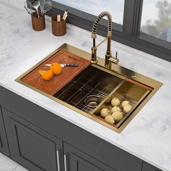 33 in. Drop-In Single Bowl 16 Gauge Gold Stainless Steel Kitchen Sink with Workstation