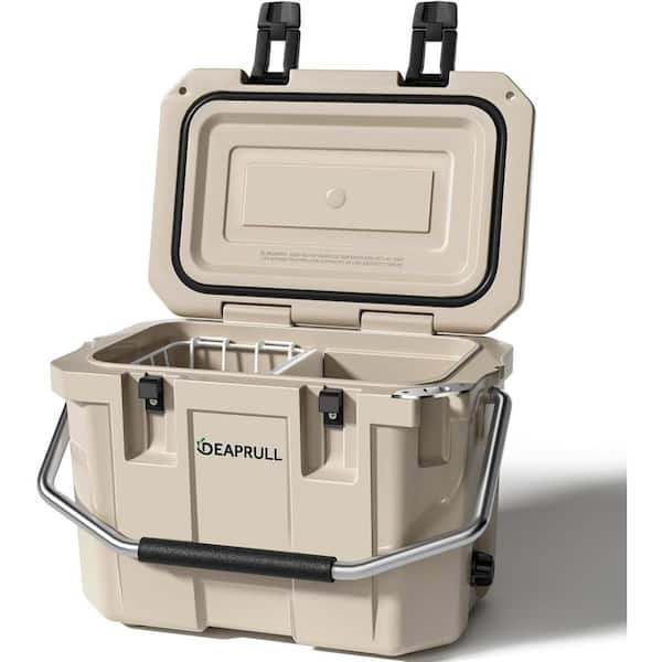 TAZPI 21 in. 30-Quart Cooler with Wheels, Warming Drawer, Leak-Proof Outdoor Insulated Cooler with Handle, Cup Holders, Khaki