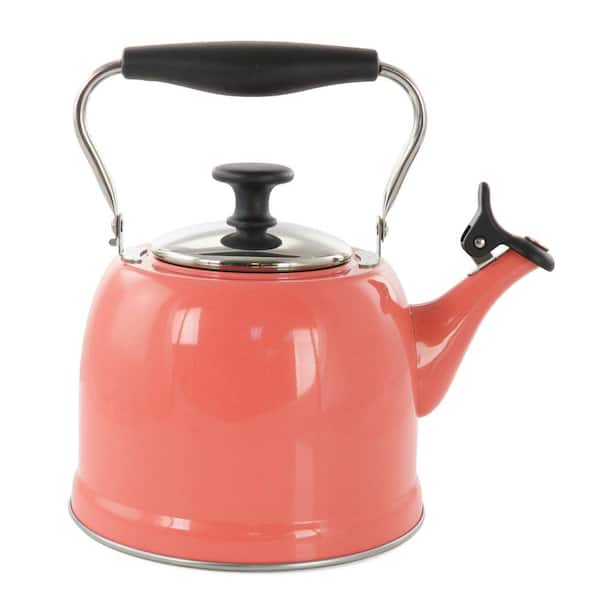 MARTHA STEWART EVERYDAY Lily Pond 2.2 qt. 8.8 Cups Stainless Steel Tea Kettle in Coral