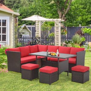 Brown 7-Piece Wicker Patio Conversation Set with Red Cushions