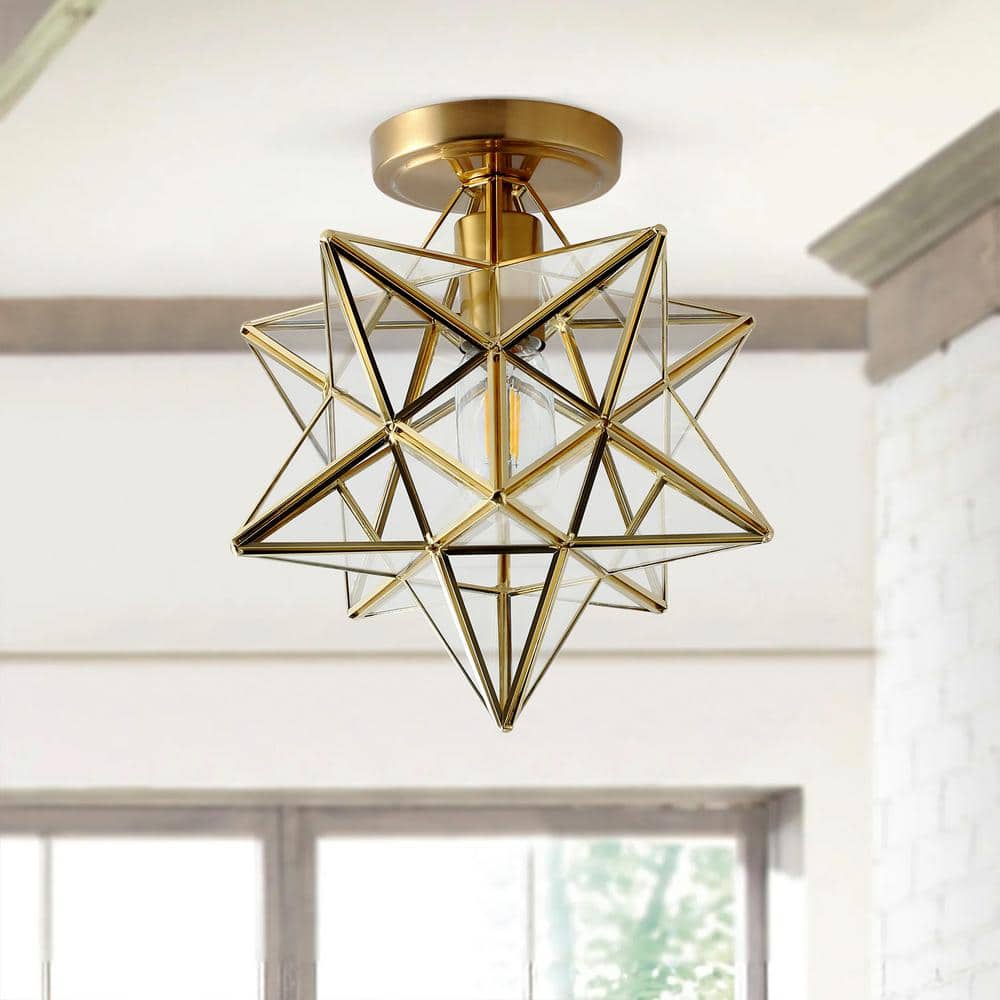 Brass Moravian Star Flush Mount Ceiling Light with Clear Glass