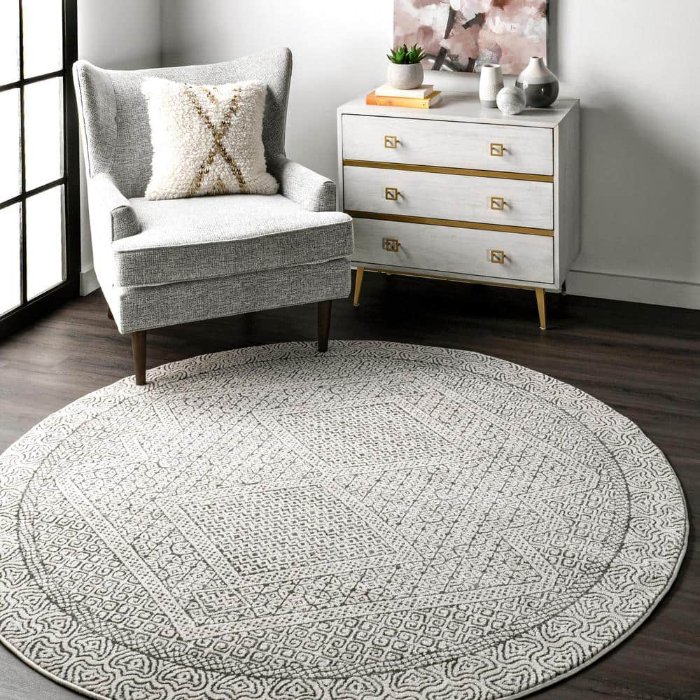 Gray and Ivory Round Synthetic Moroccan Area Rug, 6'
