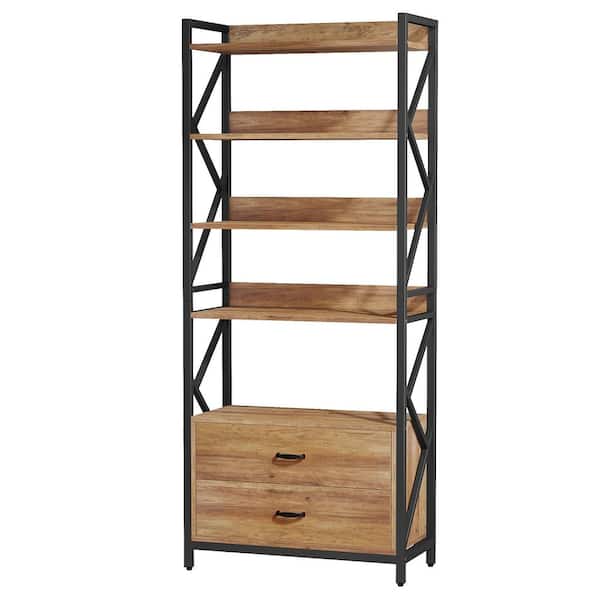 BYBLIGHT Eulas 70.8 in. Tall Brown Engineered Wood Bookcase, 5-Shelf Bookshelf with 2-Drawers, Tall Rustic Open Display Shelf