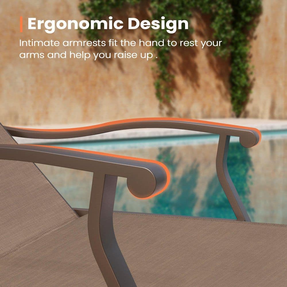Brown Aluminum Adjustable Outdoor Chaise Lounge with Arms