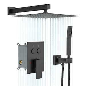 Wall Mount 10 in. Rain 2-Spray Fixed and Handheld Shower Head, 1.8 GPM Matte Black Push-Button Diverter Shower System