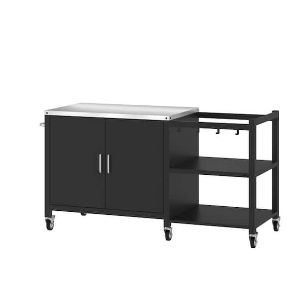60.8 in. Outdoor Kitchen Grill Cart with Stainless Steel Top-Mobile Natural Gas Grill Island in Black, Storage Shelves