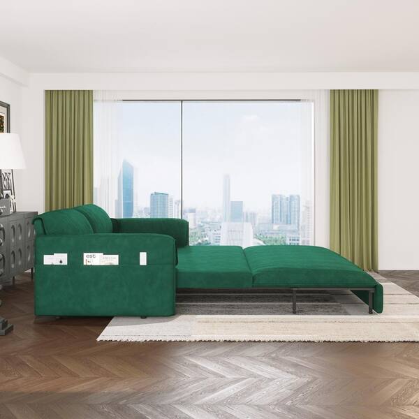 3-in-1 Convertible 63.8 in. Green Soft Velvet Queen Size Sofa Bed with Side Pockets